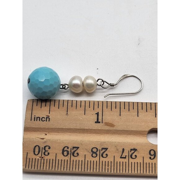 925 Sterling Silver Pearl and Blue Faceted Bead Dangle Drop Earrings Dainty - Picture 6 of 6